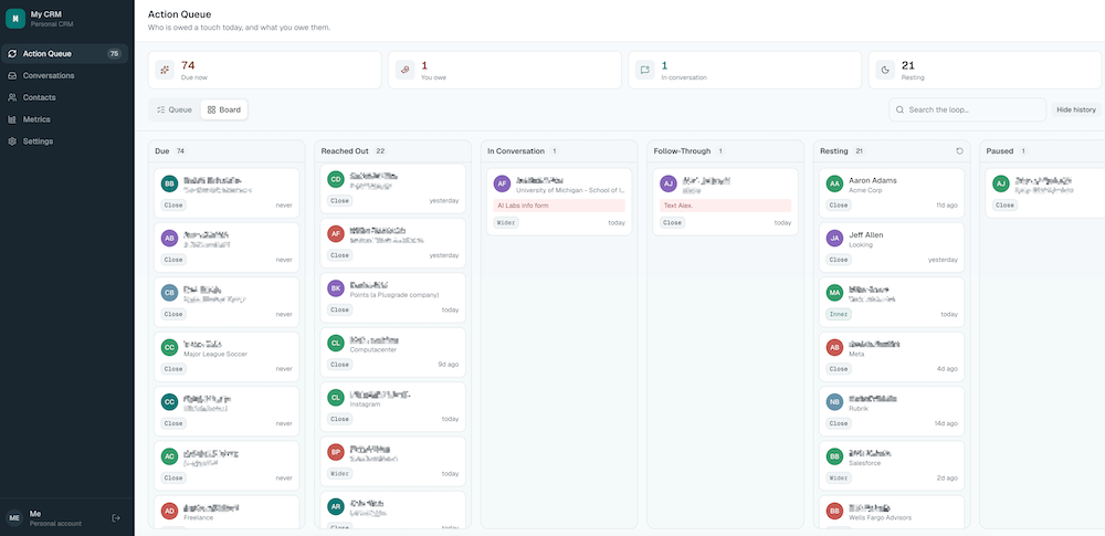 My CRM Action Queue board view