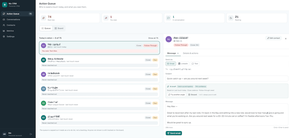 My CRM Action Queue with an AI-drafted email